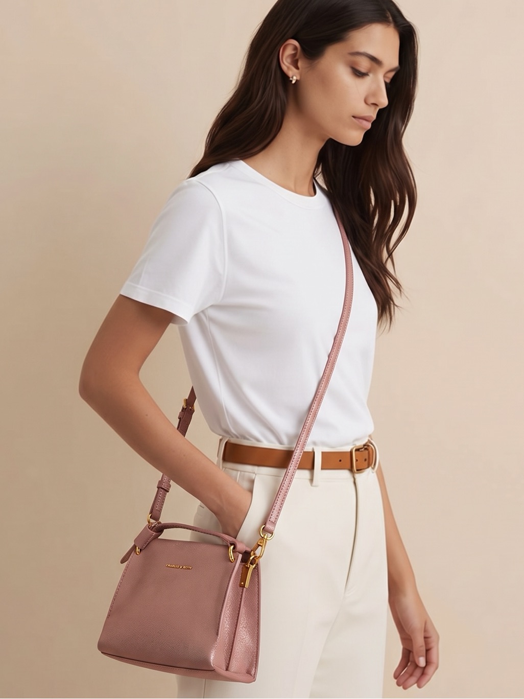 Charles & Keith Dusty-Pink Top-Handle Crossbody Vegan Leather Bag